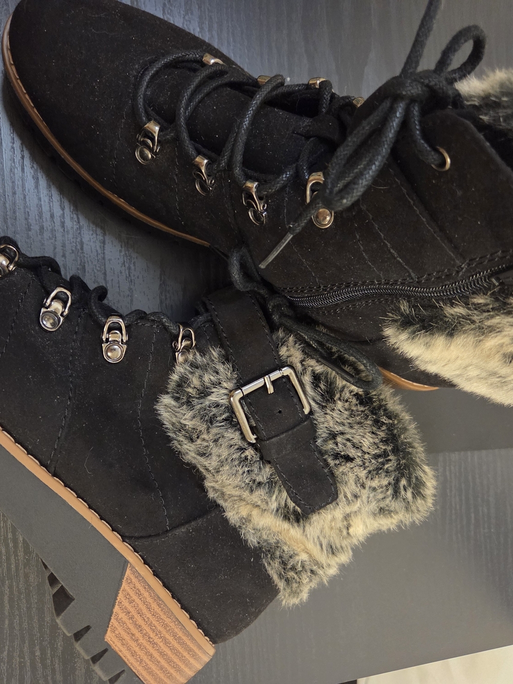 Womenโs Black Faux Fur Lug Ankle Boots - Lace-Up Comfort